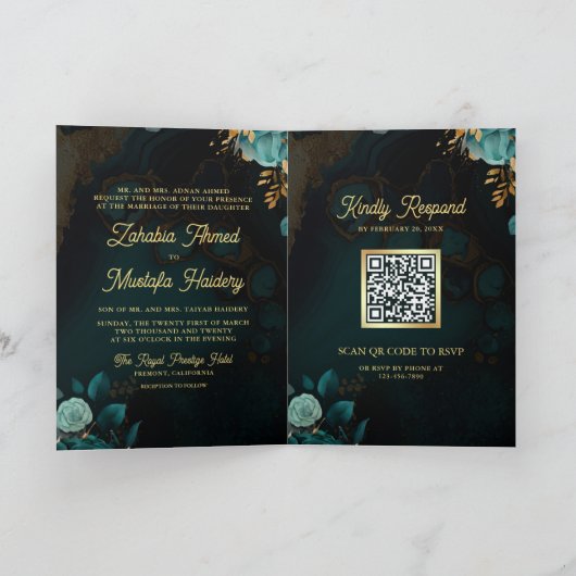 Donker Blauwgroen Goud Bloemen QR Code Moslim Brui (Binnen)