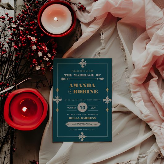 Donker Blauwgroen & Goud  Elegant Huwelijk Kaart