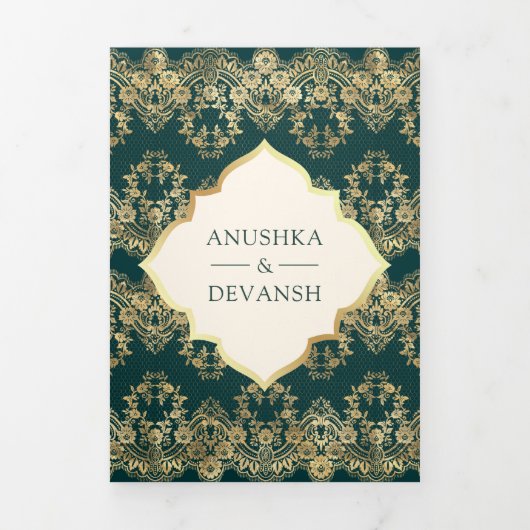 Donker Blauwgroen Goud Kant QR Code Foto Indiase b Drieluik Uitnodiging (Cover)