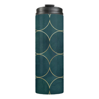 Donker Blauwgroen, gouden cirkels Waterverf. Thermosbeker