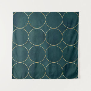 Donker Blauwgroen, gouden cirkels Waterverf. Wandkleed