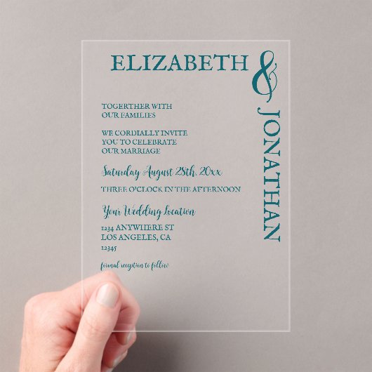 Donker Blauwgroen moderne typografie bruiloft Acryl Uitnodigingen (Insitu (Draagbaar))