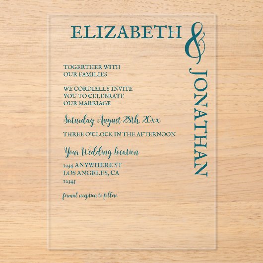 Donker Blauwgroen moderne typografie bruiloft Acryl Uitnodigingen (Voorkant)