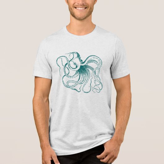 Donker Blauwgroen  Octopus Illustratie Tri-Blend Shirt (Voorkant)