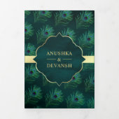 Donker Blauwgroen Peacock Feathers QR Code Bruilof Drieluik Uitnodiging (Cover)