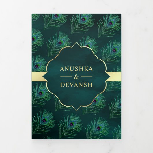 Donker Blauwgroen Peacock Feathers QR Code Bruilof Drieluik Uitnodiging (Cover)