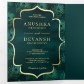 Donker Blauwgroen Peacock Feathers QR Code Bruilof Drieluik Uitnodiging (Binnenzijde eerst)