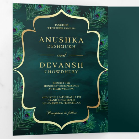 Donker Blauwgroen Peacock Feathers QR Code Bruilof Drieluik Uitnodiging (Binnenzijde eerst)