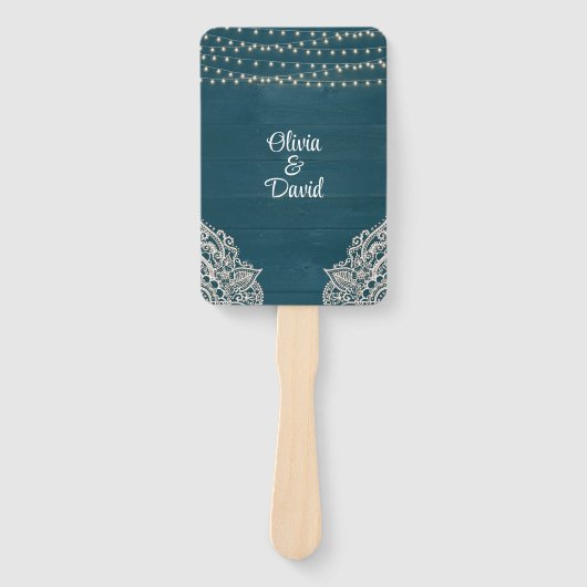 Donker Blauwgroen Rustiek Houten Koord Licht Trouw Handwaaier (Voorkant)