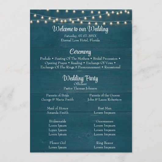 Donker Blauwgroen Rustiek Houten Koord Licht Trouw Programmakaart (Achterkant)