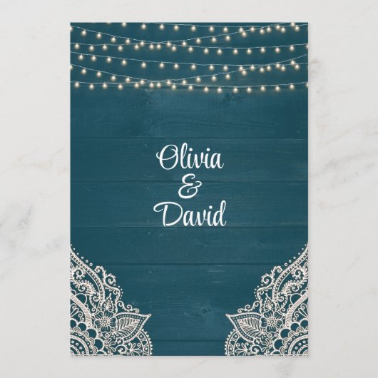 Donker Blauwgroen Rustiek Houten Koord Licht Trouw Programmakaart (Voorkant)