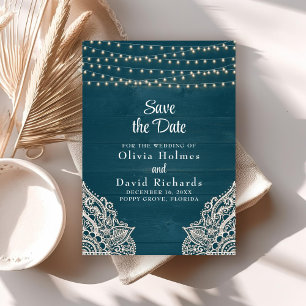 Donker Blauwgroen Rustiek String Light Save the Da Kaart