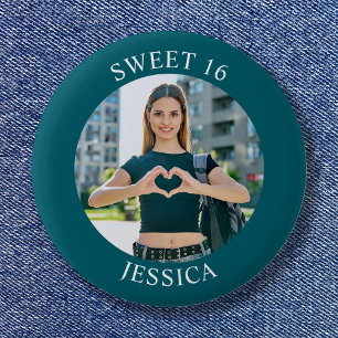 Donker Blauwgroen Sweet 16 Verjaardagskring Foto Ronde Button 5,7 Cm