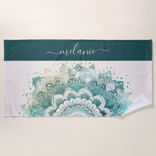 Donker Blauwgroen Turquoise Mandala Naam Strandlaken (Voorkant)