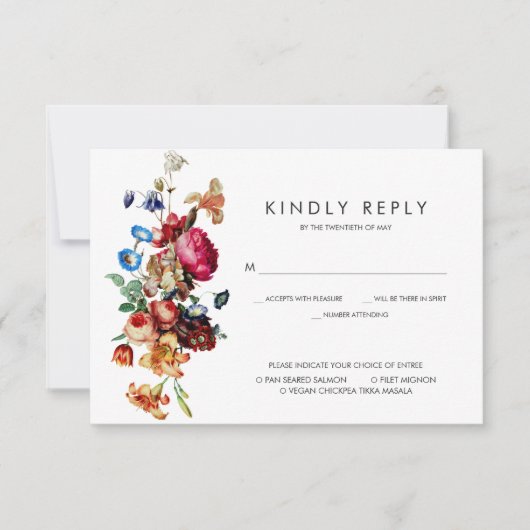 Donker Bloemen Bruiloft RSVP w/Maaltijd Keuze (Voorkant)