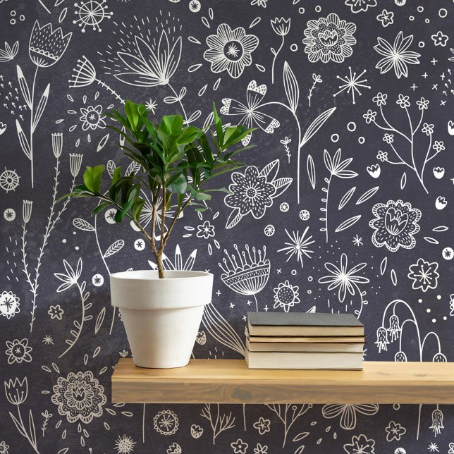 Donker Bloemen Chalkboard Grey Botanical Behang (Chalkboard flowers  otanical slate gray art wallpaper)
