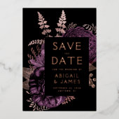 Donker Bloemen Paarse Roos Gouden Bruiloft Save th Folie Uitnodiging (Voorkant)