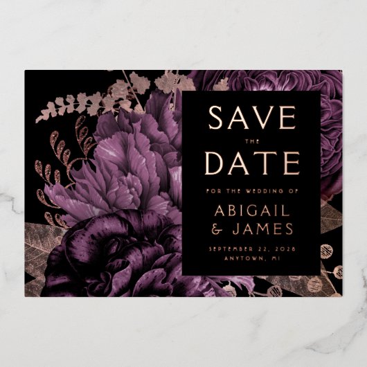 Donker Bloemen Paarse Roos Gouden Bruiloft Save th Folie Uitnodiging (Voorkant)