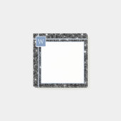 Donker Bloemen Schets Patroon Zwart Blauw Monogram Post-it® Notes (Voorkant)