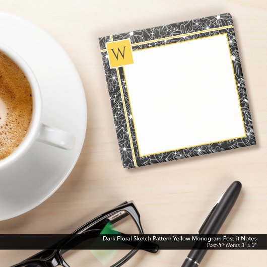 Donker Bloemen Schets Patroon Zwart Geel Monogram Post-it® Notes