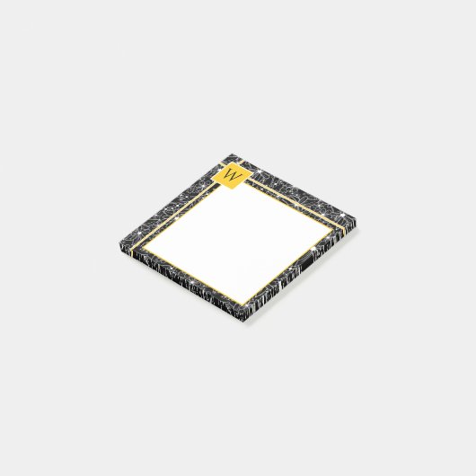 Donker Bloemen Schets Patroon Zwart Geel Monogram Post-it® Notes (Schuin)