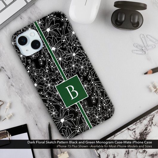 Donker bloemenpatroon zwart groen schets monogram Case-Mate iPhone case