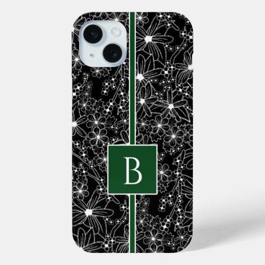 Donker bloemenpatroon zwart groen schets monogram Case-Mate iPhone case (Achterkant)