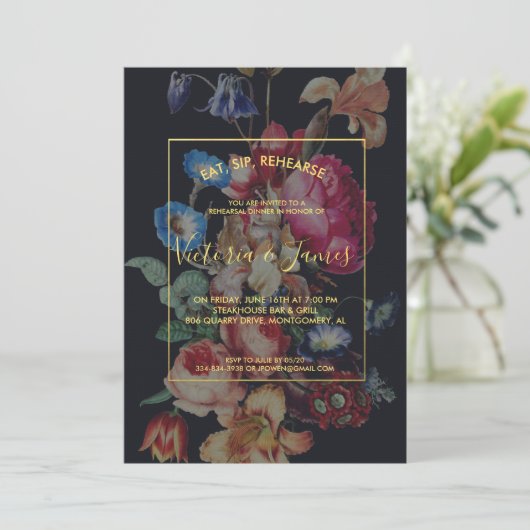Donker  bloemenrepetitie dineruitnodiging kaart (Staand voorkant)