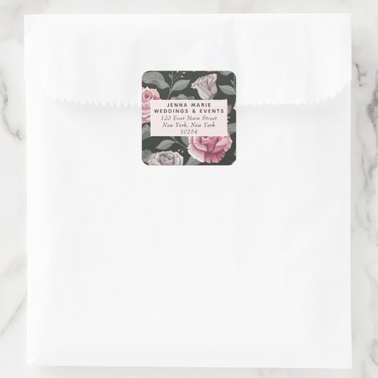 Donker  bloemenvierkant adreslabel vierkante sticker (Tas)