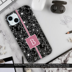 Donker bloemmotief zwart roze schets monogram iPhone 15 mini hoesje