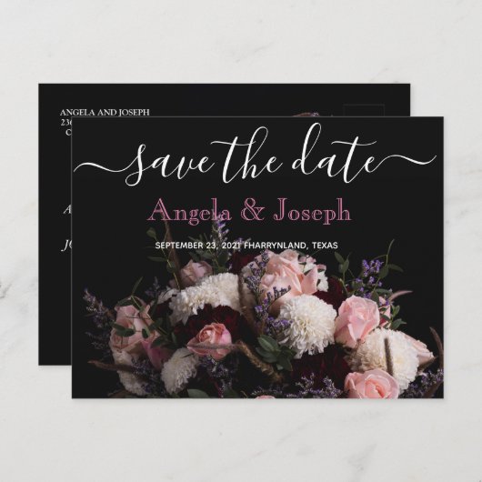 Donker  bordeaux Bloemen Save the Date A Aankondigingskaart (Voorkant / Achterkant)