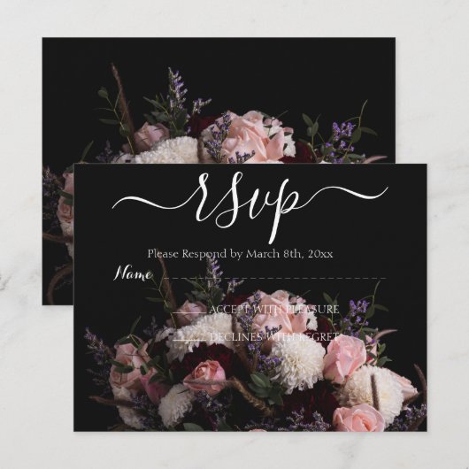 Donker  bordeaux Floral RSVP Briefkaart (Voorkant / Achterkant)