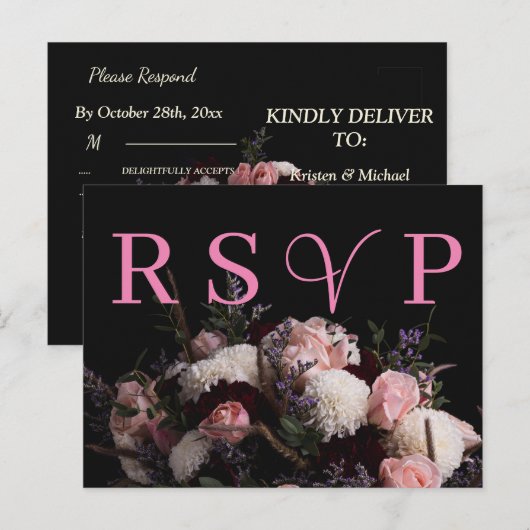 Donker  bordeaux Floral RSVP Invitation Uitnodiging Briefkaart (Voorkant / Achterkant)