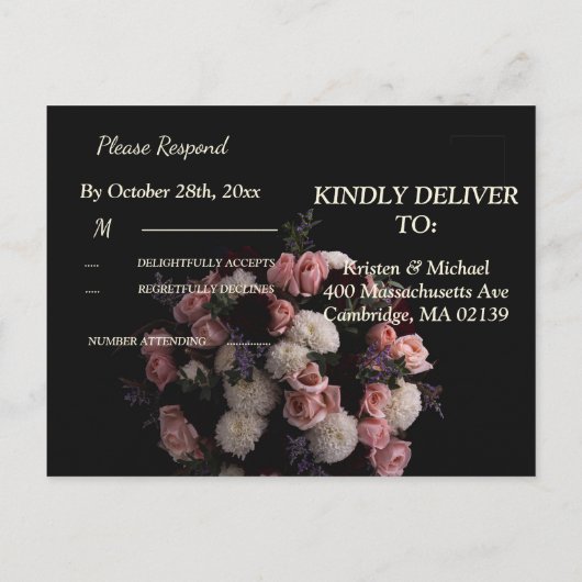 Donker  bordeaux Floral RSVP Invitation Uitnodiging Briefkaart (Achterkant)