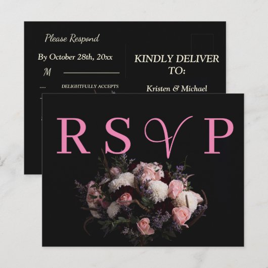 Donker  bordeaux Floral RSVP Invitation Uitnodiging Briefkaart (Voorkant / Achterkant)
