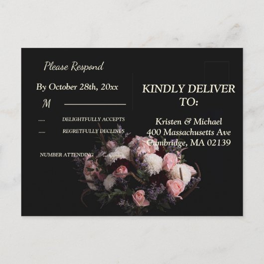Donker bordeaux Floral RSVP Invitation Uitnodiging Briefkaart (Achterkant)