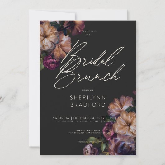  donker bordeaux & goud bloemenbruids brunch kaart (Voorkant)