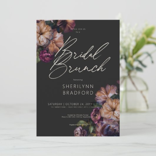  donker bordeaux & goud bloemenbruids brunch kaart (Staand voorkant)