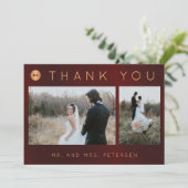 Donker bordeaux gouden winter bruiloft foto collag bedankkaart (Staand voorkant)