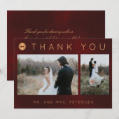 Donker bordeaux gouden winter bruiloft foto collag bedankkaart (Voorkant / Achterkant)