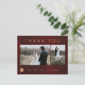 Donker bordeaux gouden winter bruiloft foto dank u briefkaart (Staand voorkant)