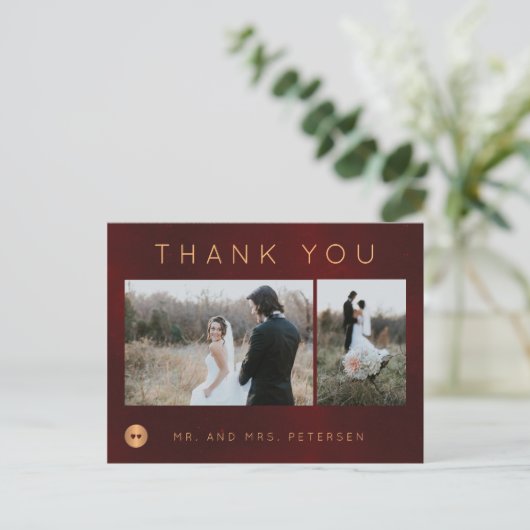 Donker bordeaux gouden winter bruiloft foto dank u briefkaart (Staand voorkant)