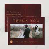 Donker bordeaux gouden winter bruiloft foto dank u briefkaart (Voorkant / Achterkant)