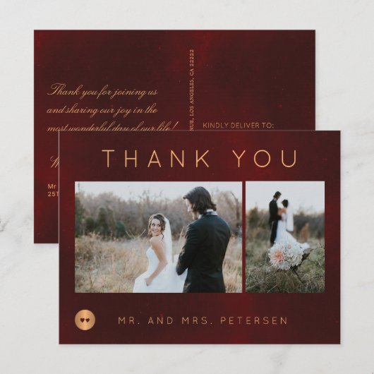 Donker bordeaux gouden winter bruiloft foto dank u briefkaart (Voorkant / Achterkant)