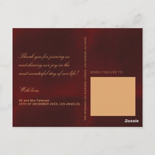 Donker bordeaux gouden winter bruiloft foto dank u briefkaart (Achterkant)