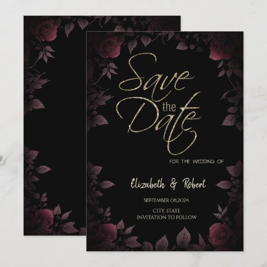 Donker bordeaux Rozen zwart Save the Date Kaart (Voorkant / Achterkant)