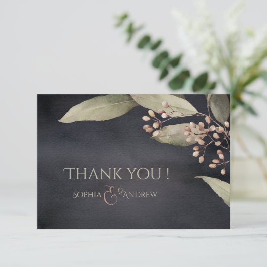 Donker botanisch groen rustiek dank u bedankkaart (Staand voorkant)