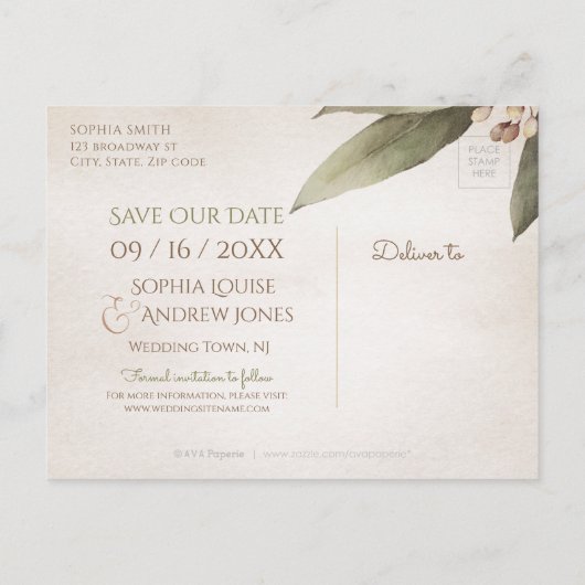 Donker botanisch groen rustiek sparen de datum aankondigingskaart (Achterkant)