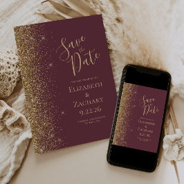 Donker Bourgogne Goud Glitter Edge Save the Date Aankondiging