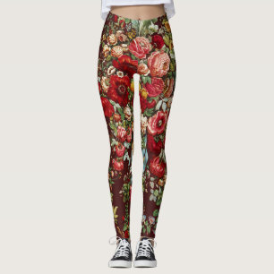 Donker Bourgondië Victoriaanse Roos Bloemlint Patr Leggings